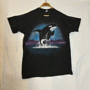 Vintage Men’s Black T-shirt With A Killer Whale Design And “Alaska” Print Size L